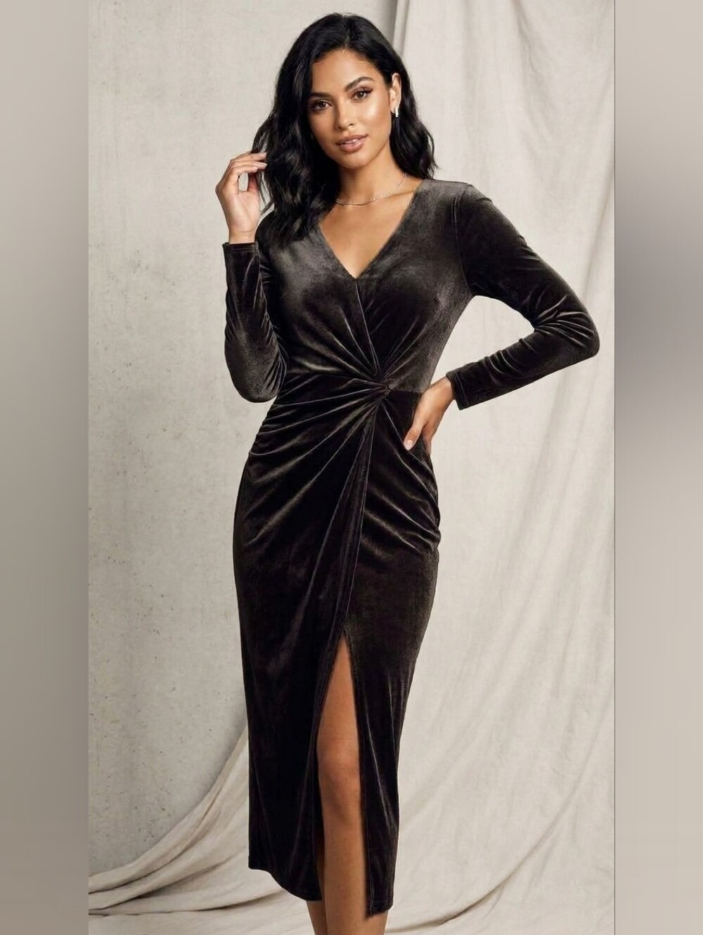 349. Black Tape - Velvet Twist-Front Long Sleeve Dress - Dark Olive Green